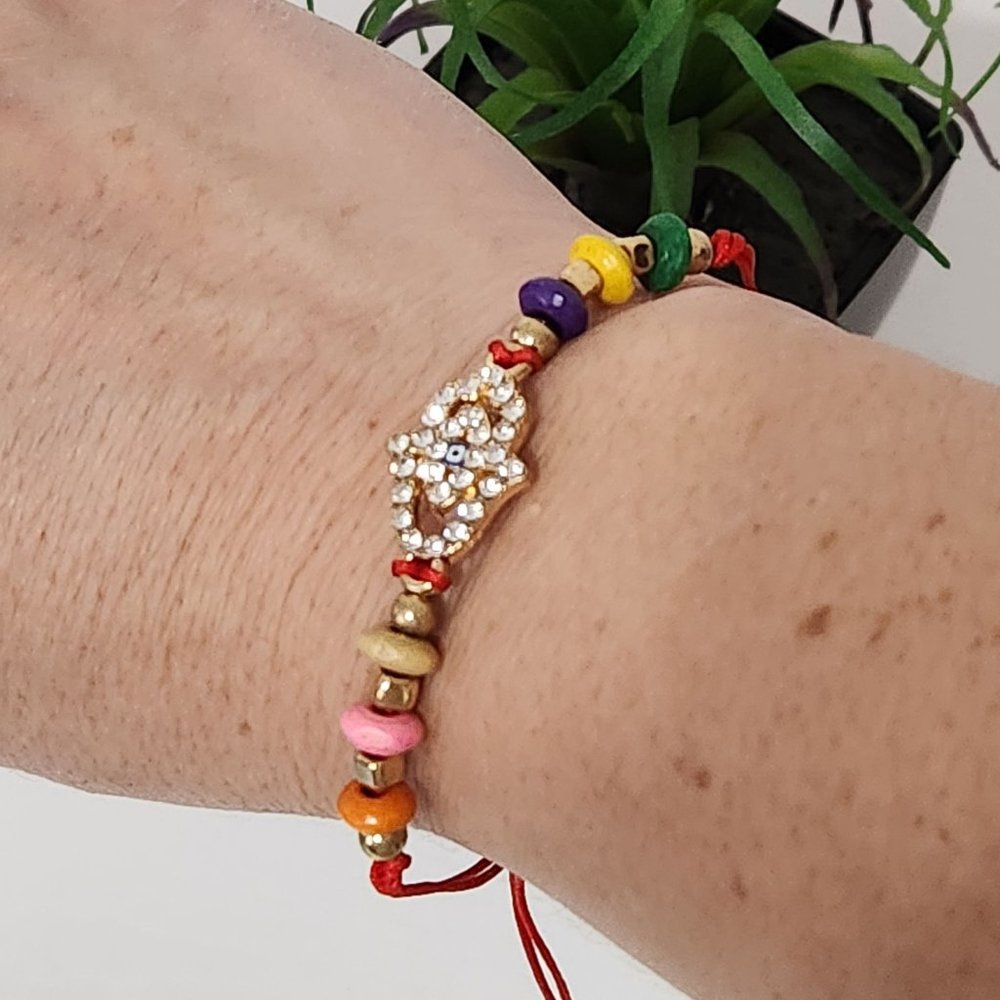D'Bello Rhinstone hamsa hand red string adjustable bracelet